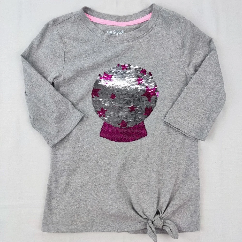 Cat & Jack Shirt Girls S 6/6X Gray Flip Sequin Crystal Ball Side Tie Long Sleeve